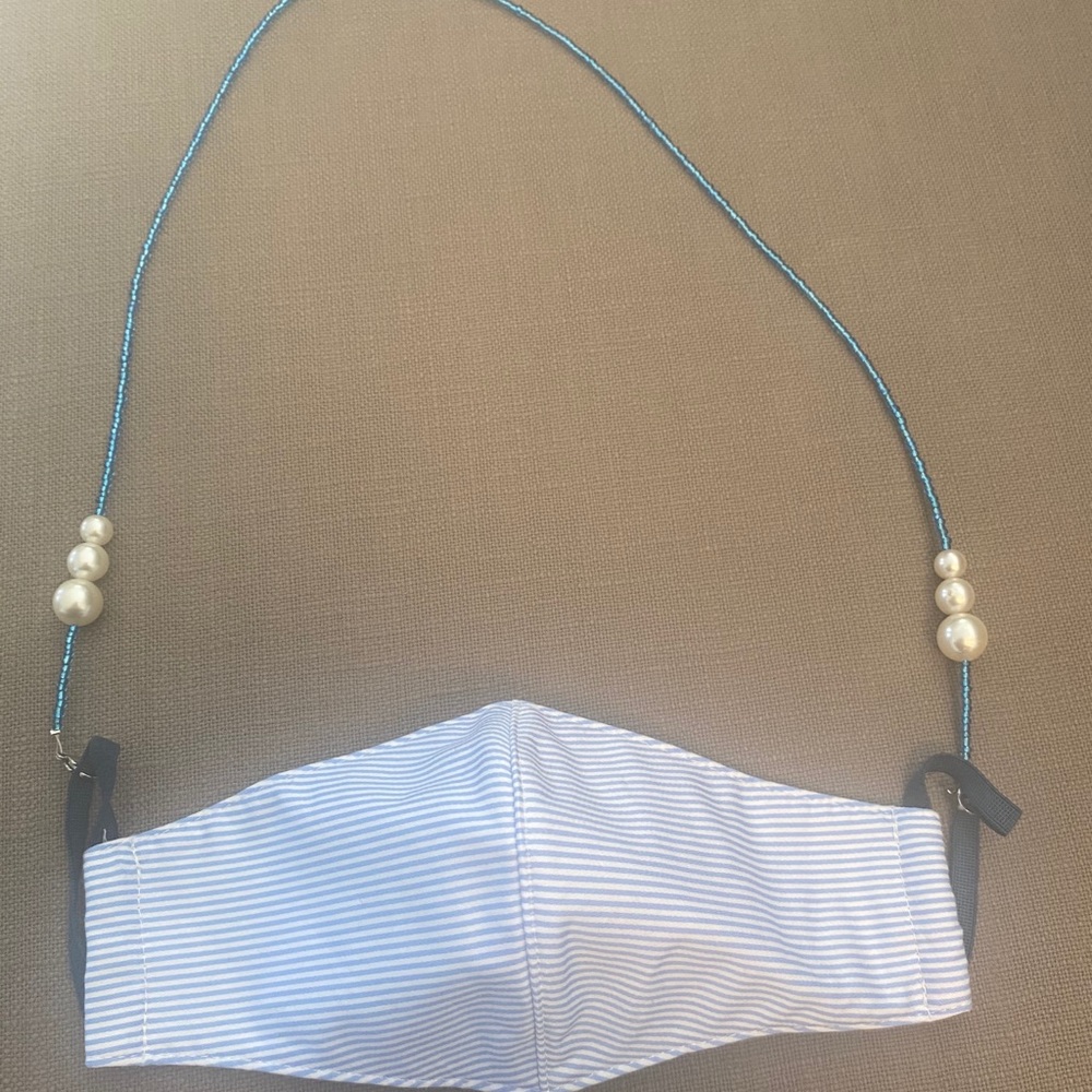 Mask holder / necklace teal w vintage faux pearls